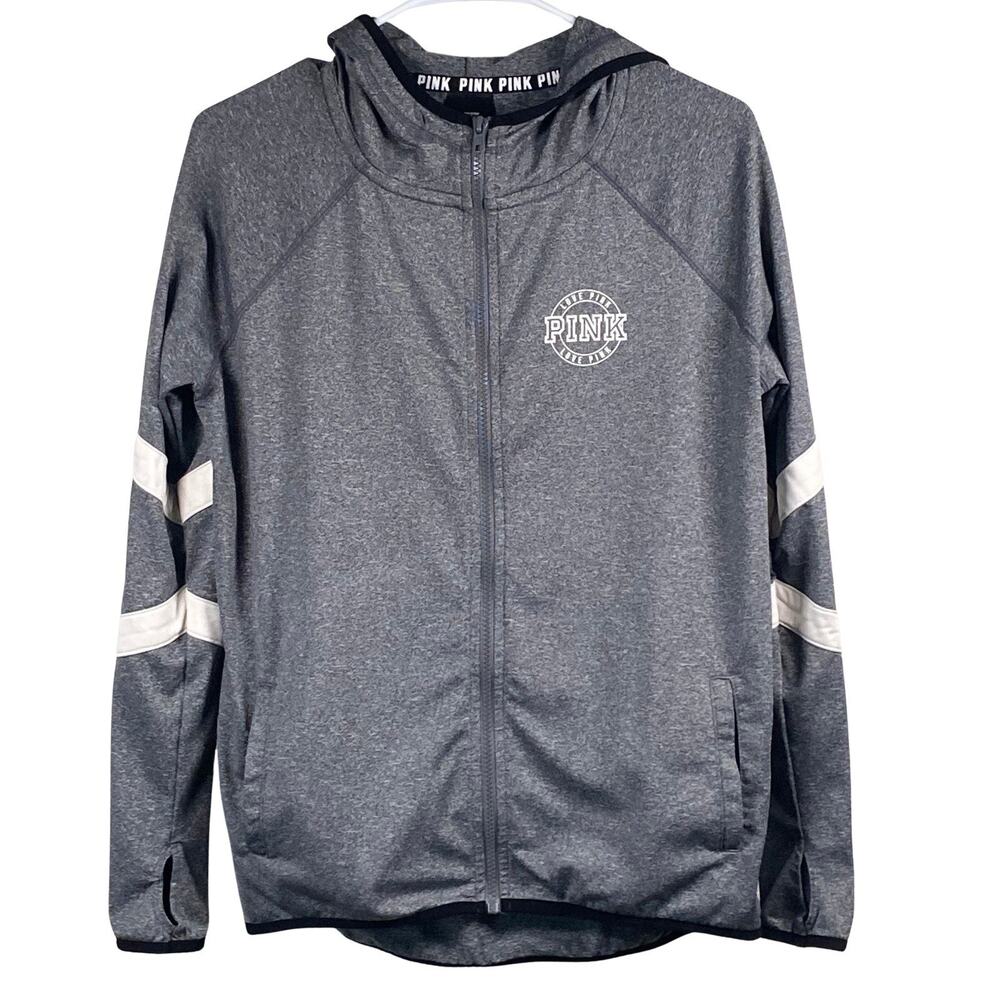 PINK Victoria’s Secret Hooded Jacket Size Small Gray White Logo Full Zip